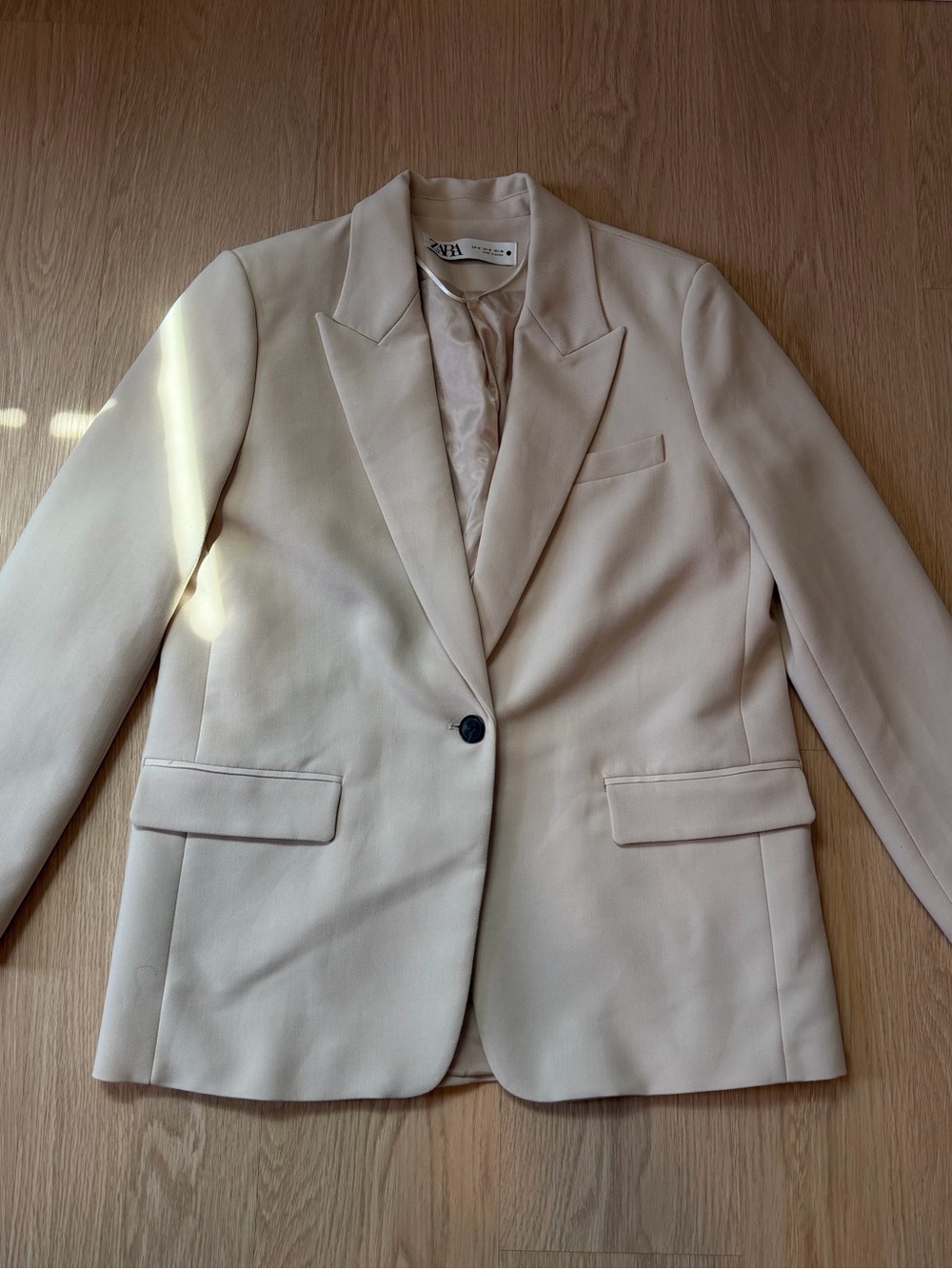 Zara Beige Single-Button Notch Lapel Blazer